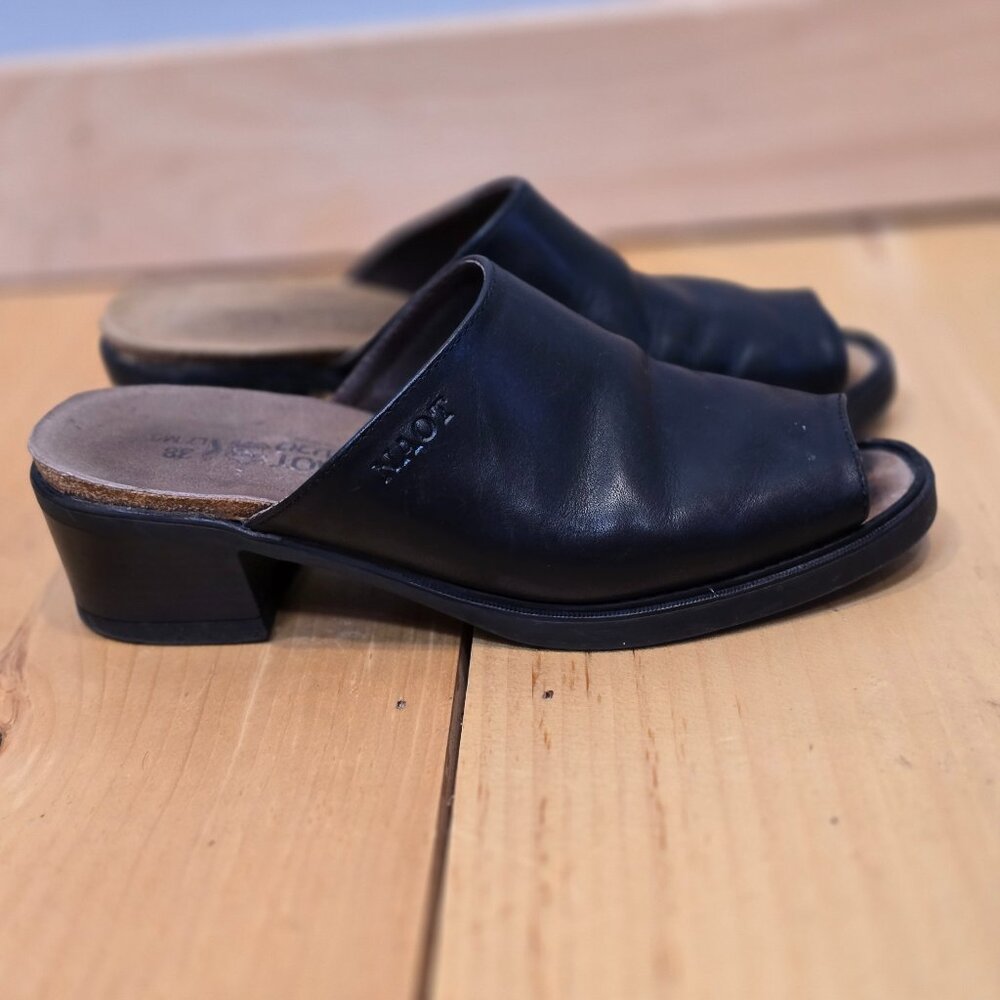 NAOT Black Leather Open-Toe Slide Heels